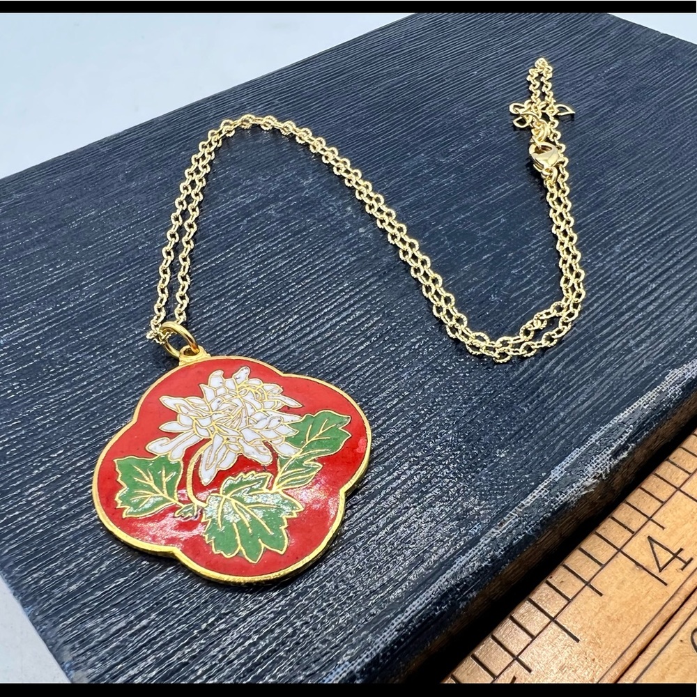 Vintage red & gold cloisonné pendant floral chain necklace new old stock